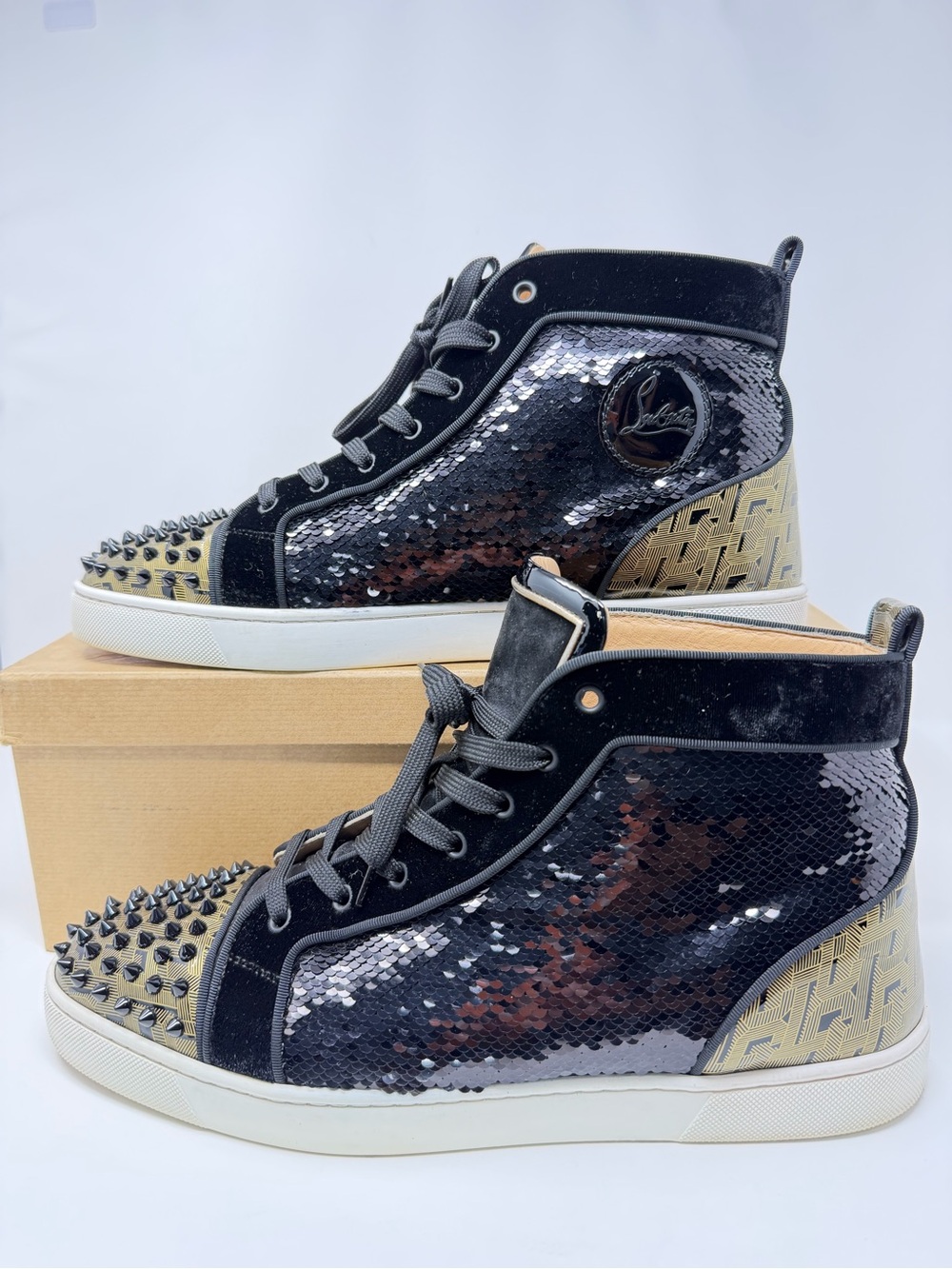 Christian Louboutin Lou Spikes Sequin High Top Sneakers Black Gold Size 47